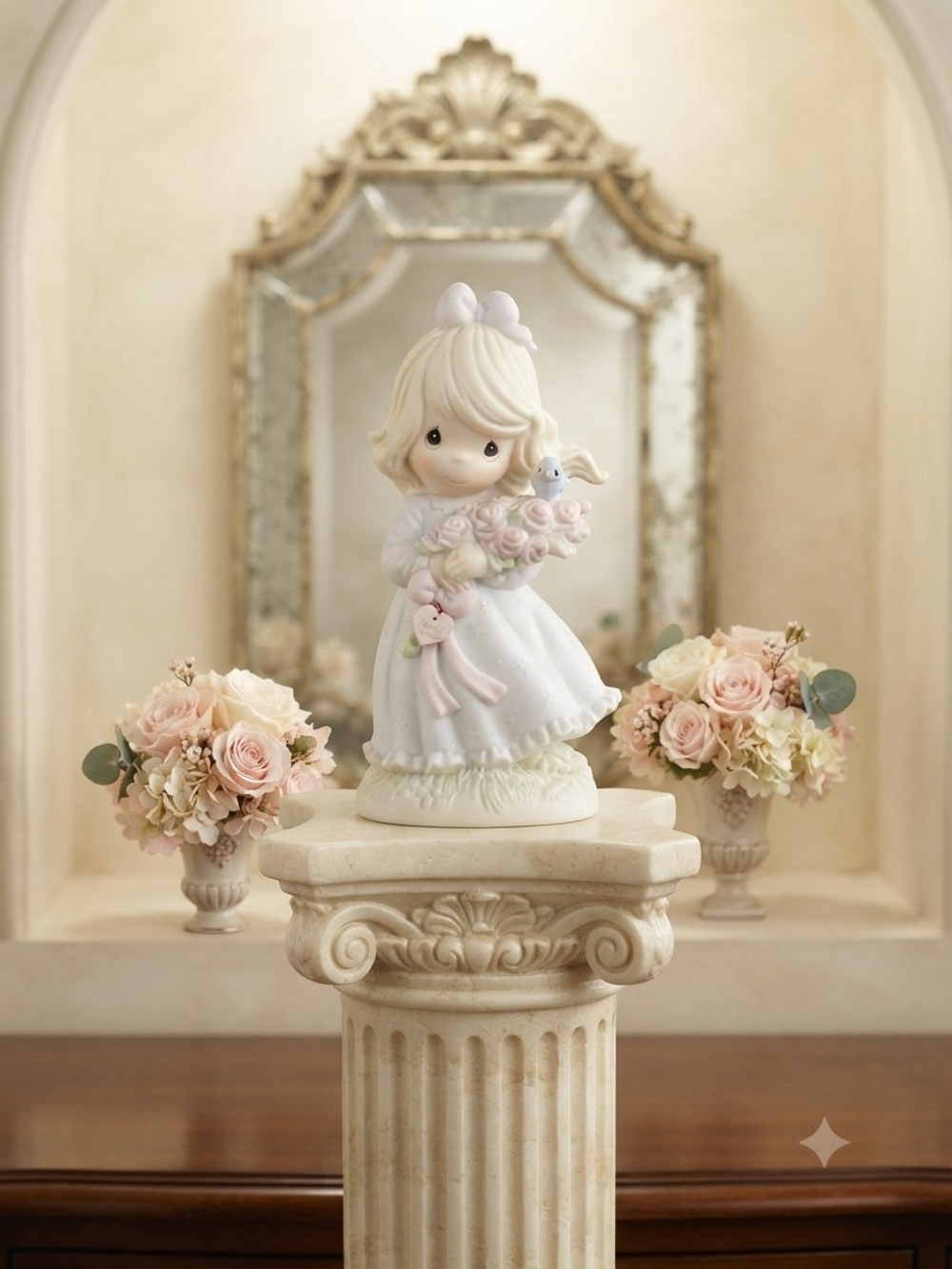 Precious Moments "You Are My Happiness"White and Pink Girl Figurine with Bouquet